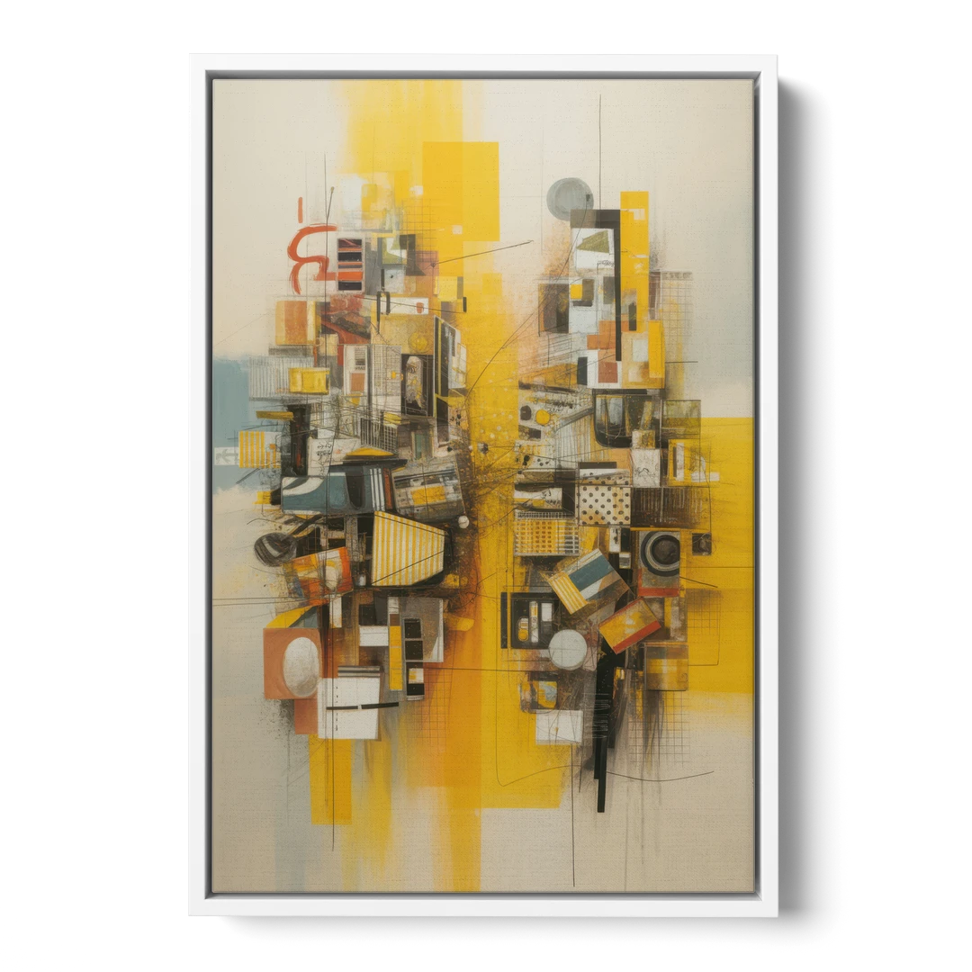 Dynamic Urban Layers Yellow Abstract - White Framed Canvas Wall Art - Front