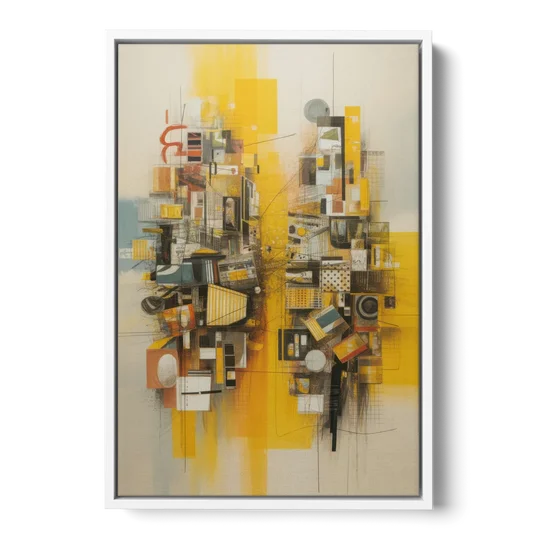 Dynamic Urban Layers Yellow Abstract - White Framed Canvas Wall Art - Front