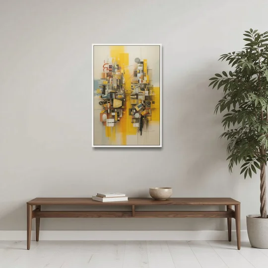 Dynamic Urban Layers Yellow Abstract - White Framed Canvas Wall Art - Coffee Table - 24x36