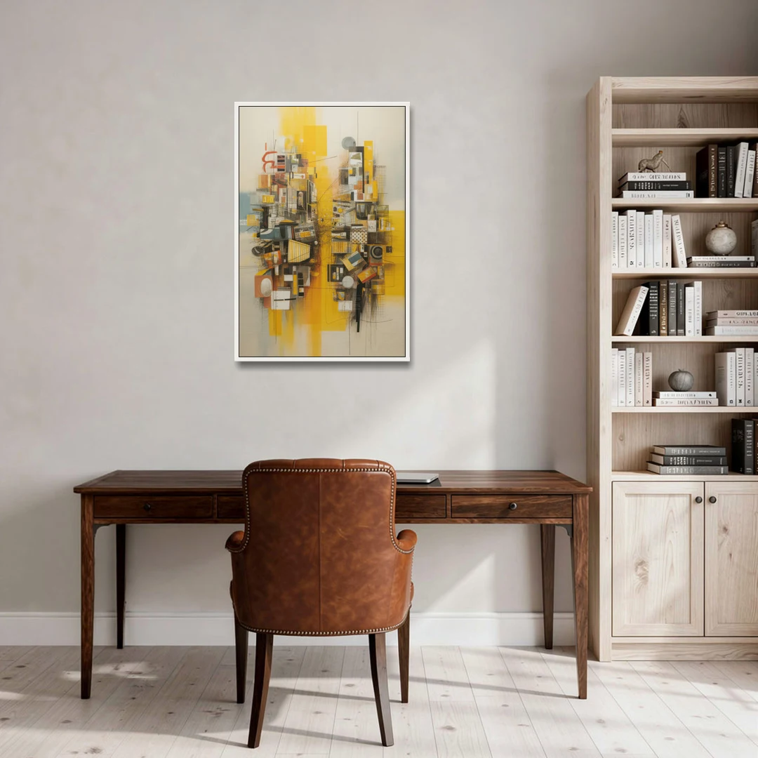 Dynamic Urban Layers Yellow Abstract - White Framed Canvas Wall Art - Office - 24x36