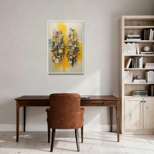Dynamic Urban Layers Yellow Abstract - White Framed Canvas Wall Art - Office - 24x36