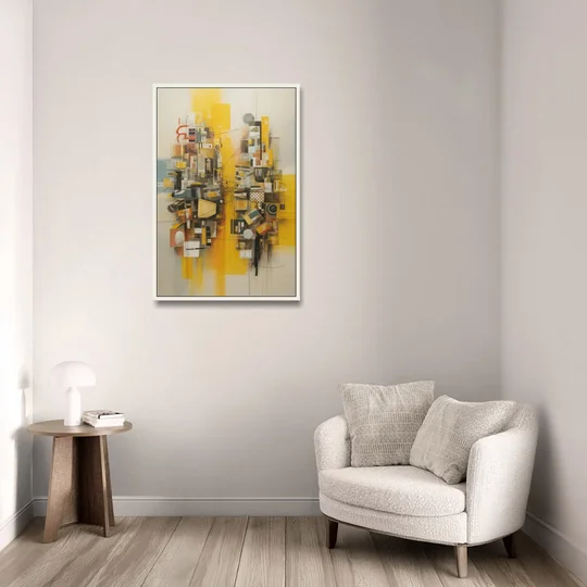 Dynamic Urban Layers Yellow Abstract - White Framed Canvas Wall Art - Sofa - 24x36