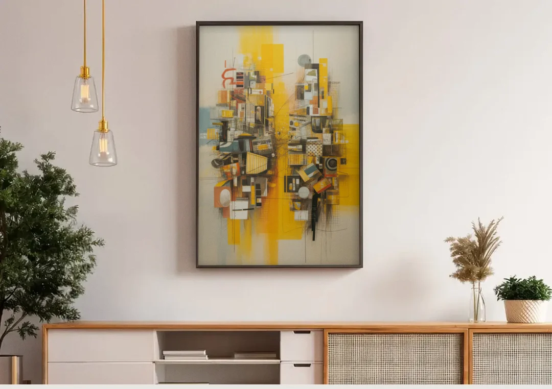Dynamic Urban Layers Yellow Abstract canvas wall art above a wooden sideboard under pendant lights