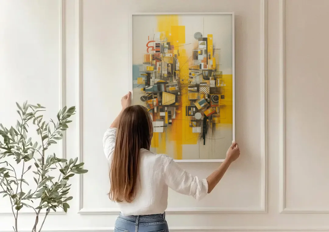 Dynamic Urban Layers Yellow Abstract canvas wall art being hung on a paneled wall
