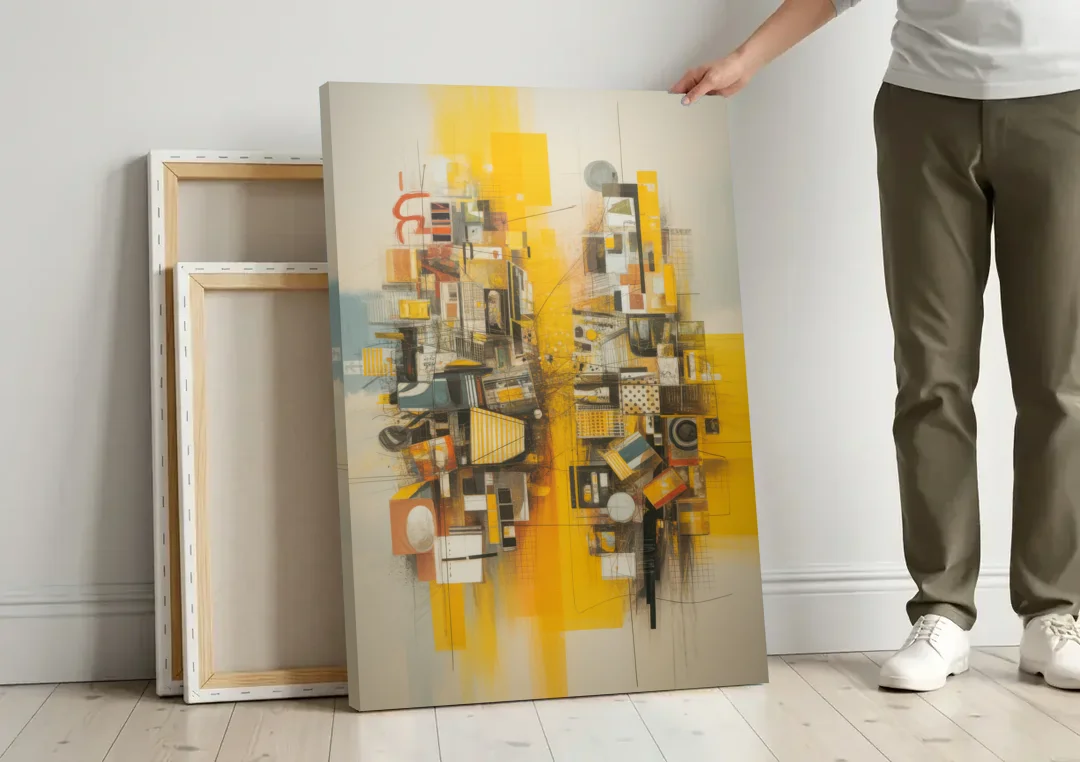 Dynamic Urban Layers Yellow Abstract canvas wall art leaning against a wall next to blank canvases