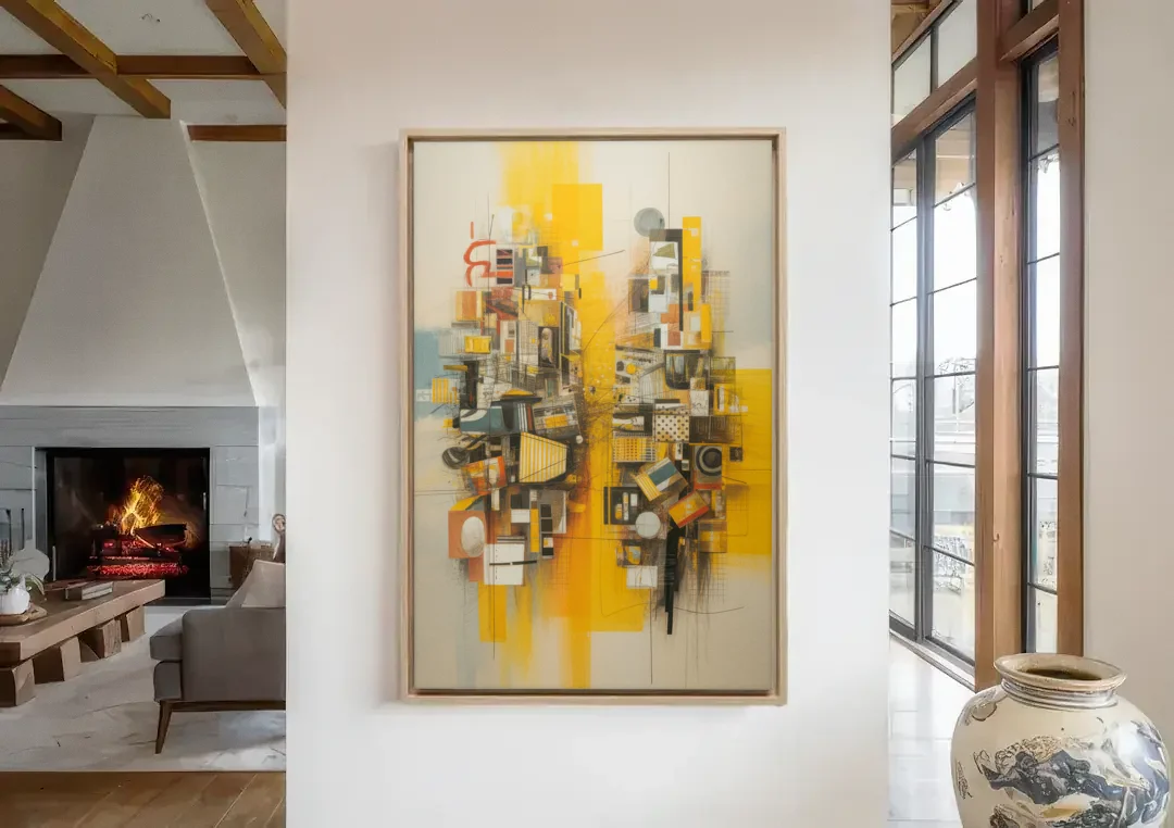 Dynamic Urban Layers Yellow Abstract canvas wall art in a living room with a fireplace