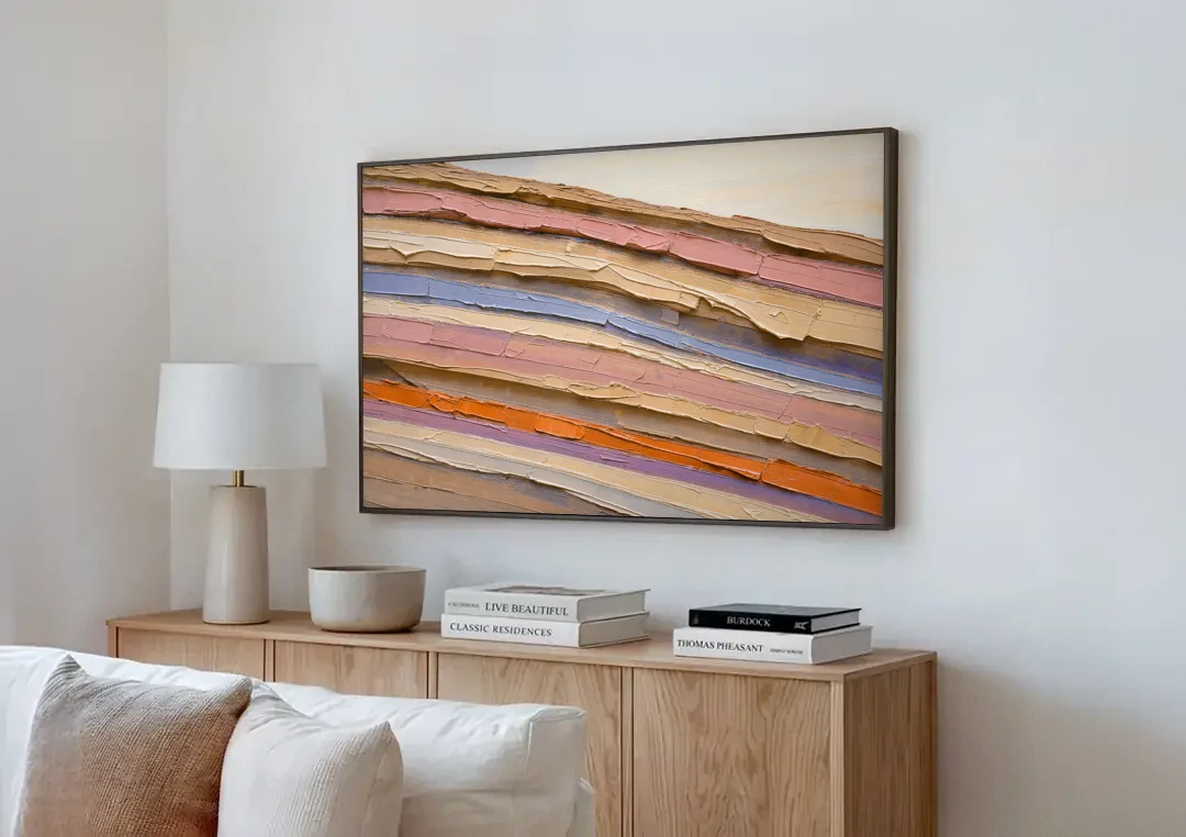 Earth Tone Abstract Eroded Canyon Strata canvas wall art above a wooden sideboard next to a sofa