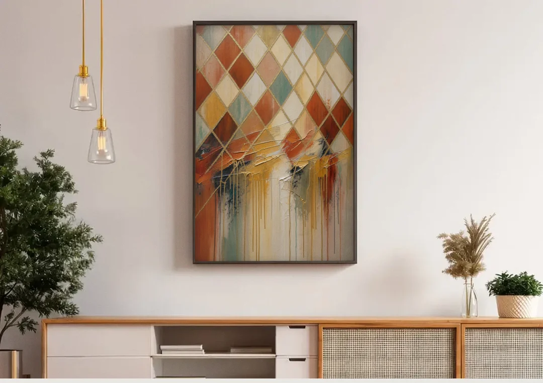 Earth Tone Abstract Painting of a Melting Lattice canvas wall art above a wooden sideboard under pendant lights
