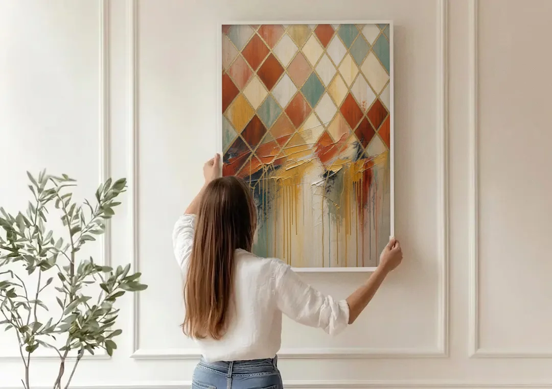 Earth Tone Abstract Painting of a Melting Lattice canvas wall art being hung on a paneled wall