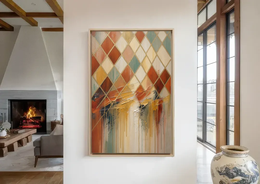 Earth Tone Abstract Painting of a Melting Lattice canvas wall art in a living room with a fireplace