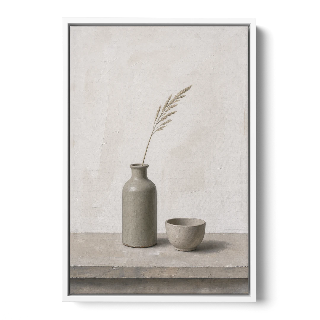 Earth Tone Wall Art with Stoneware Bottle and Cup - White Framed Canvas Wall Art - Front
