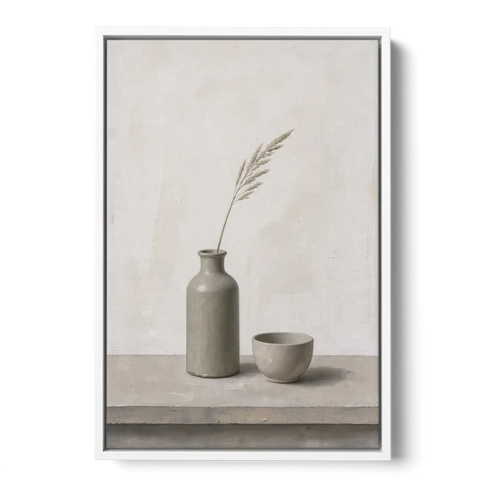 Earth Tone Wall Art with Stoneware Bottle and Cup - White Framed Canvas Wall Art - Front