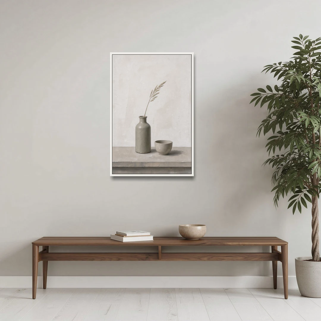 Earth Tone Wall Art with Stoneware Bottle and Cup - White Framed Canvas Wall Art - Coffee Table - 24x36