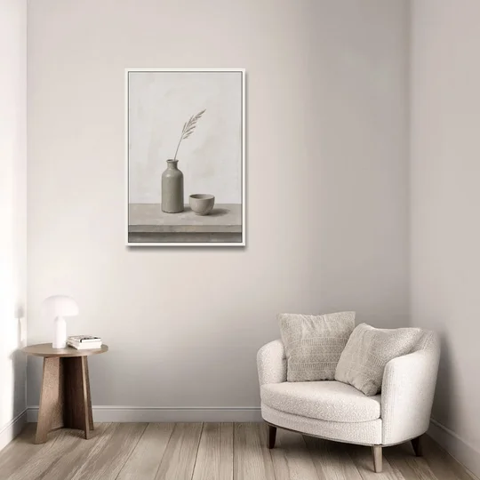 Earth Tone Wall Art with Stoneware Bottle and Cup - White Framed Canvas Wall Art - Sofa - 24x36