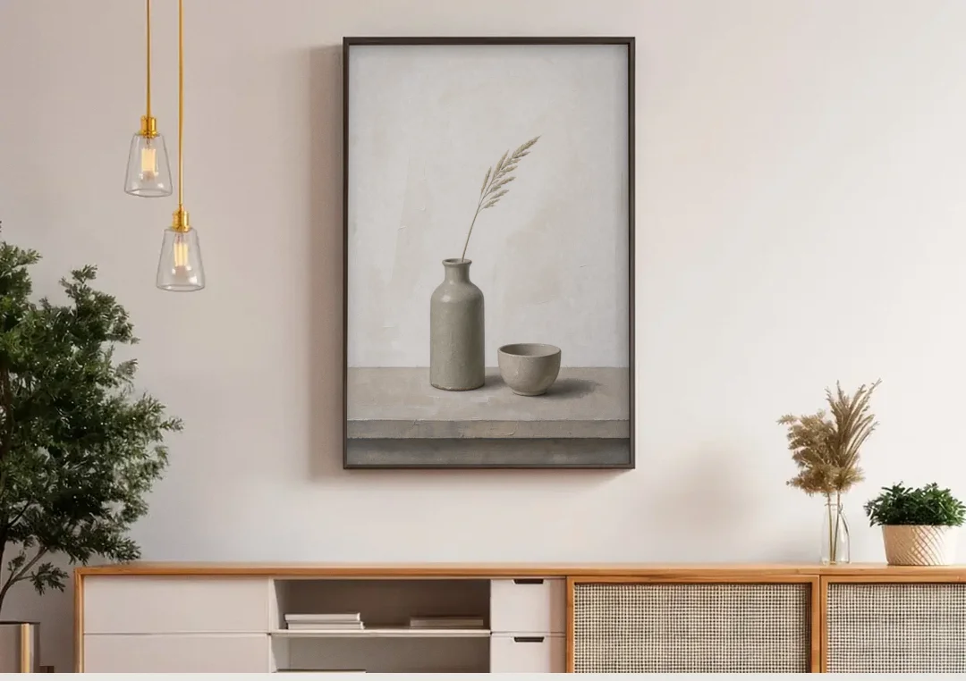 Earth Tone Wall Art with Stoneware Bottle and Cup canvas wall art above a wooden sideboard under pendant lights