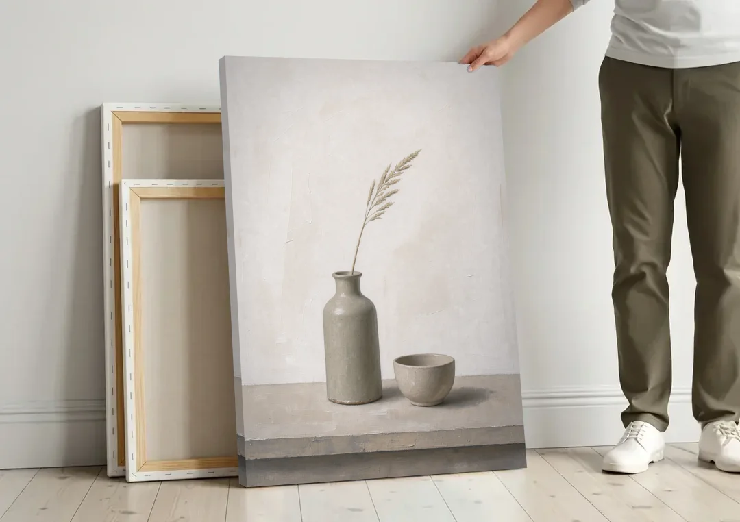 Earth Tone Wall Art with Stoneware Bottle and Cup canvas wall art leaning against a wall next to blank canvases