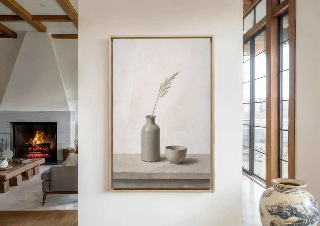 Earth Tone Wall Art with Stoneware Bottle and Cup canvas wall art in a living room with a fireplace