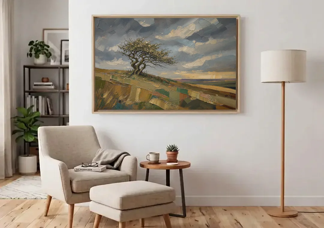 Earthy Tone Wall Art of a Windswept Hawthorn canvas wall art above an armchair in a bright living room