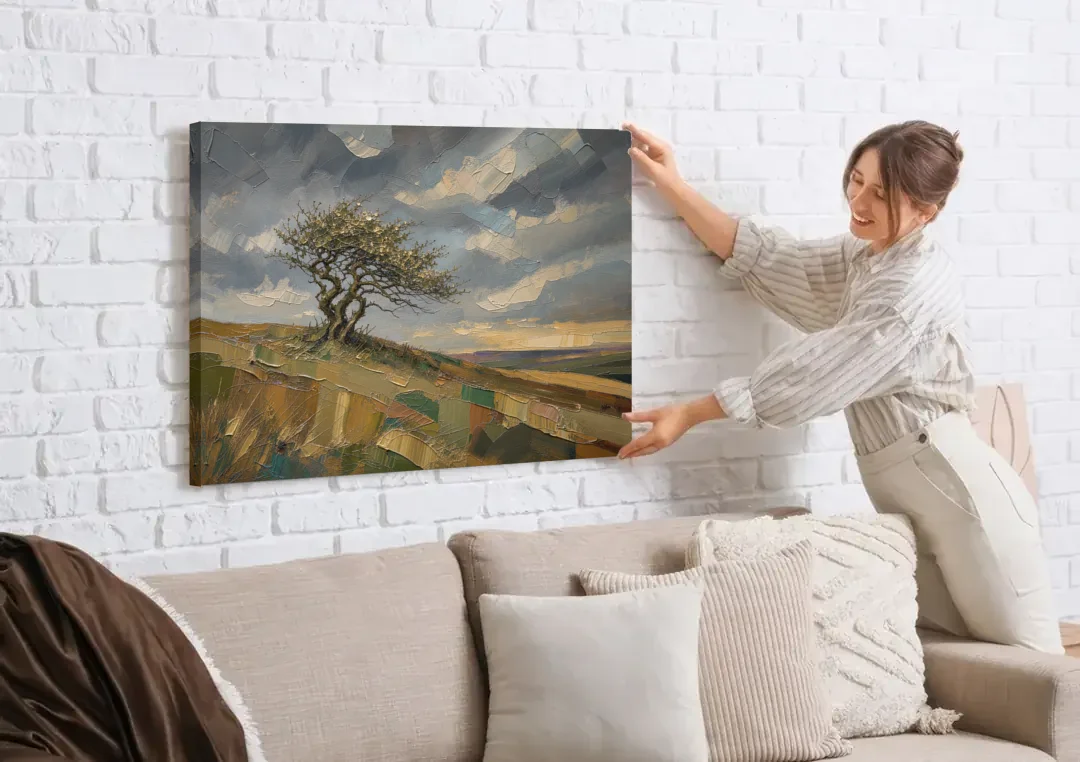 Earthy Tone Wall Art of a Windswept Hawthorn canvas wall art being hung on a white brick wall above a sofa