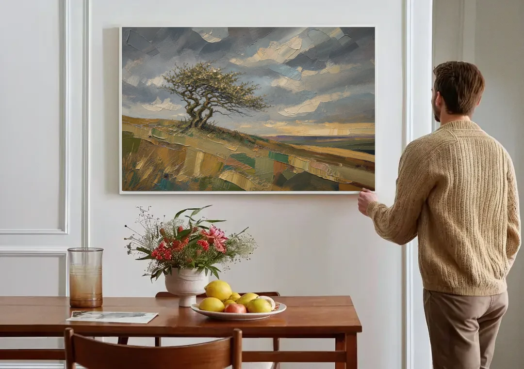 Earthy Tone Wall Art of a Windswept Hawthorn canvas wall art above a dining table