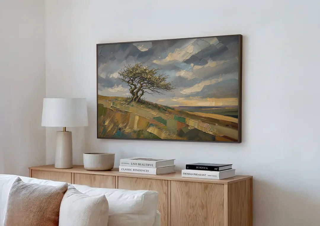 Earthy Tone Wall Art of a Windswept Hawthorn canvas wall art above a wooden sideboard next to a sofa