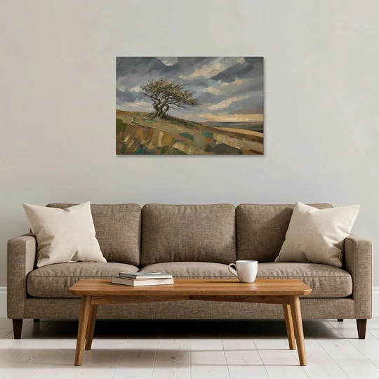 Earthy Tone Wall Art of a Windswept Hawthorn - Canvas Wall Art - Sofa - 36x24