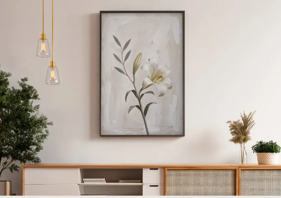 Easter Wall Decor with a Single White Lily canvas wall art above a wooden sideboard under pendant lights