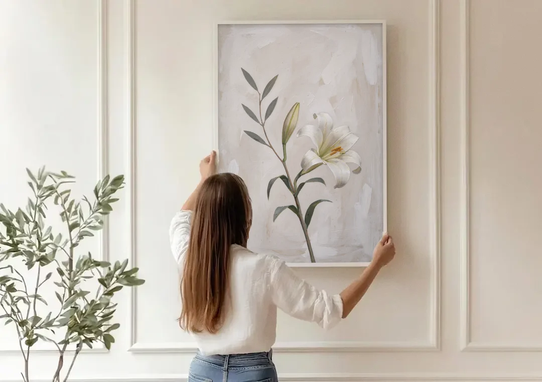 Easter Wall Decor with a Single White Lily canvas wall art being hung on a paneled wall