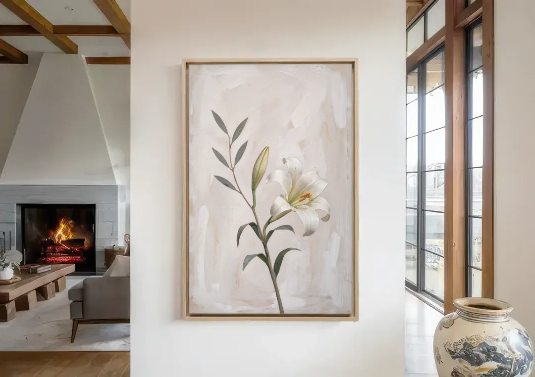 Easter Wall Decor with a Single White Lily canvas wall art in a living room with a fireplace