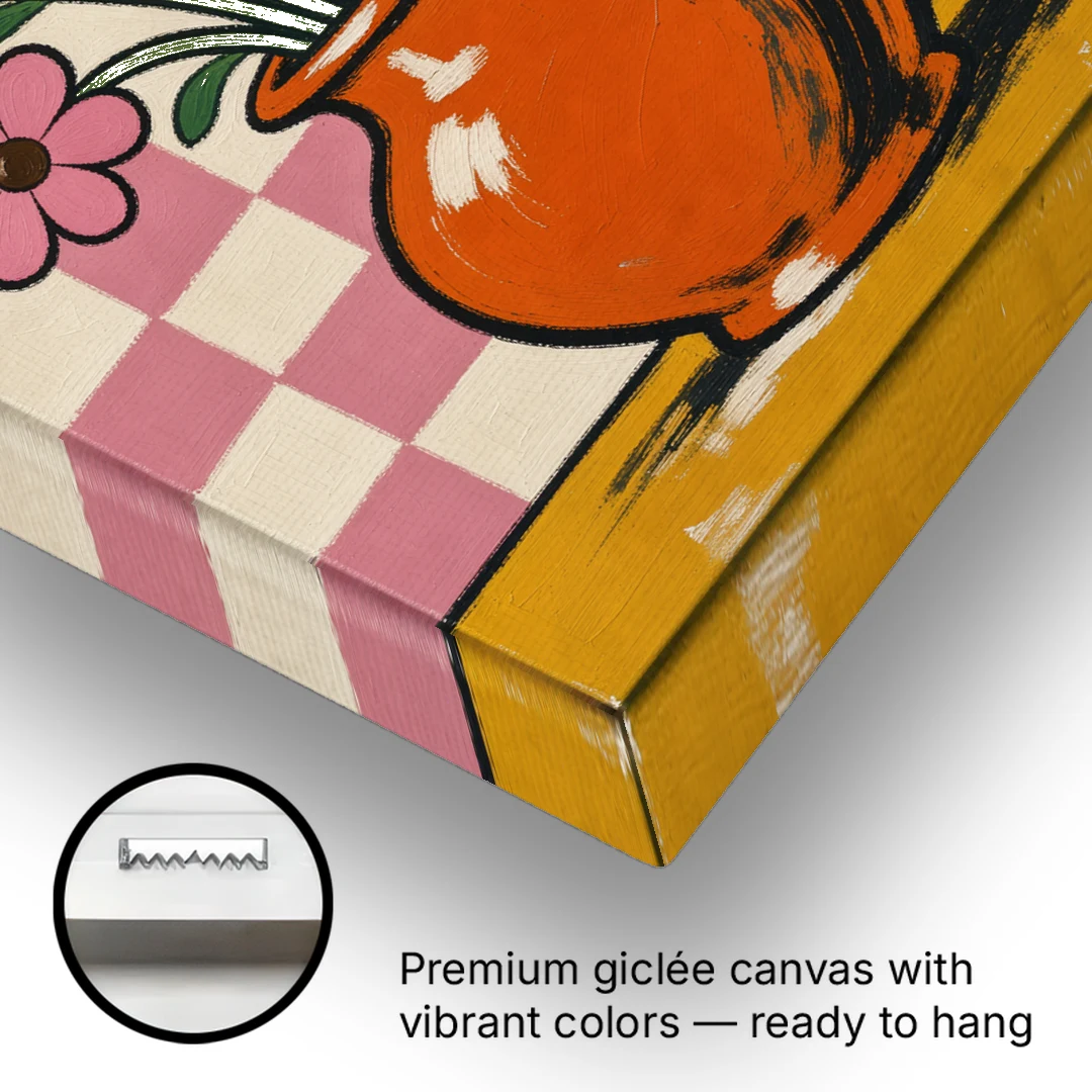 Eclectic Checkerboard Bouquet in a Clay Vase - Canvas Wall Art - Gallery Wrap Corner