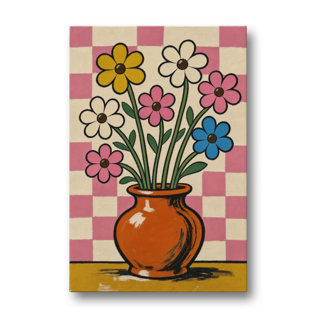 Eclectic Checkerboard Bouquet in a Clay Vase - Canvas Wall Art - Front