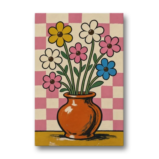 Eclectic Checkerboard Bouquet in a Clay Vase - Canvas Wall Art - Front