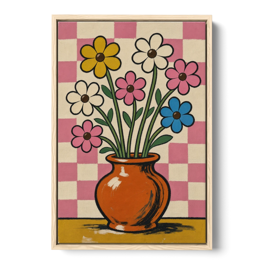 Eclectic Checkerboard Bouquet in a Clay Vase - Oak Framed Canvas Wall Art - Front