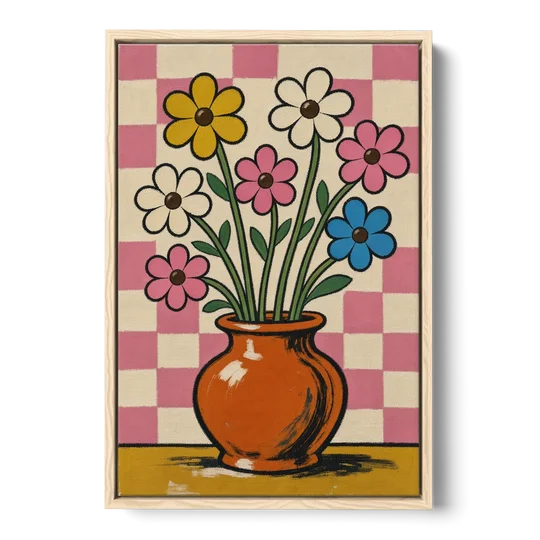 Eclectic Checkerboard Bouquet in a Clay Vase - Oak Framed Canvas Wall Art - Front