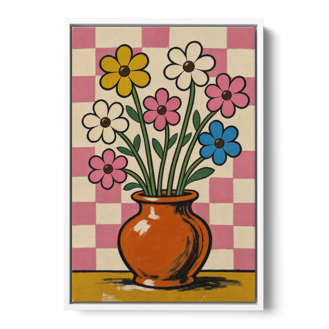 Eclectic Checkerboard Bouquet in a Clay Vase - White Framed Canvas Wall Art - Front