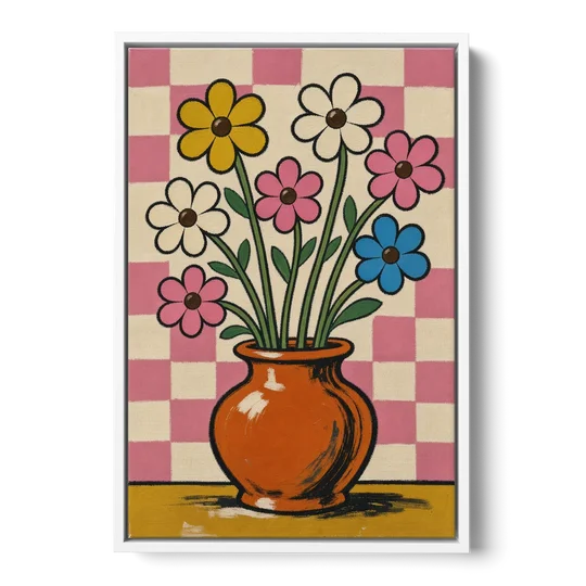 Eclectic Checkerboard Bouquet in a Clay Vase - White Framed Canvas Wall Art - Front