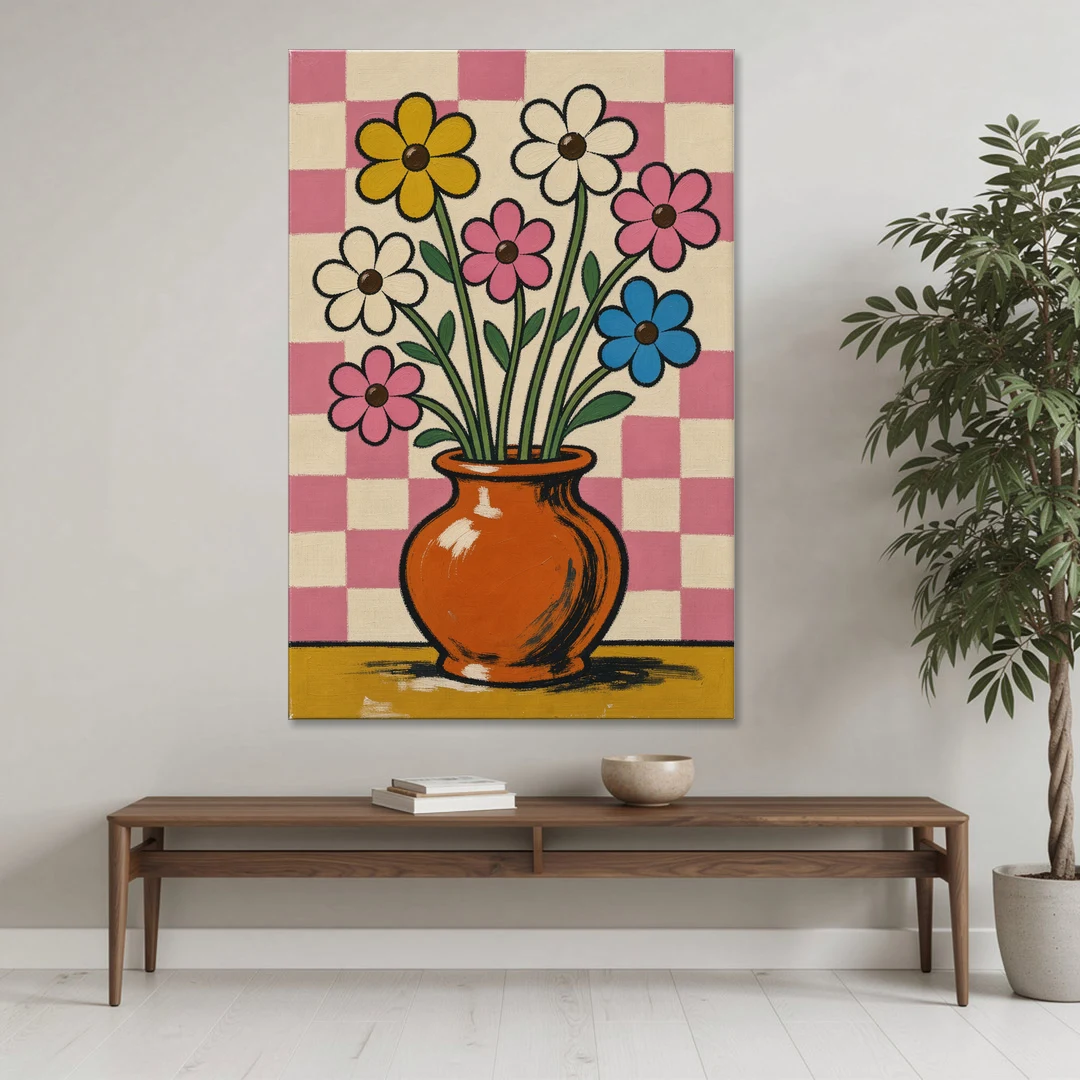 Eclectic Checkerboard Bouquet in a Clay Vase - Canvas Wall Art - Coffee Table - 40x60
