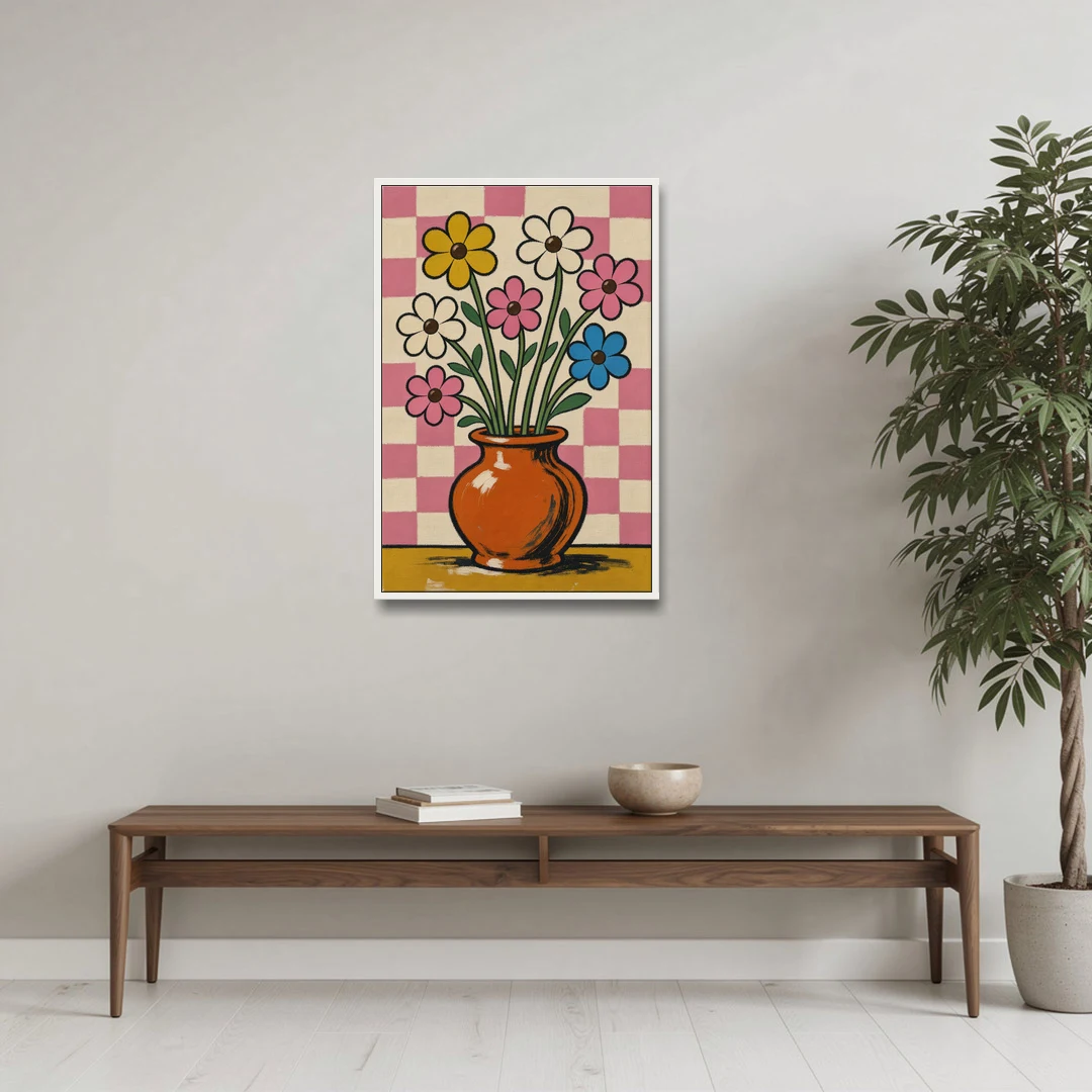 Eclectic Checkerboard Bouquet in a Clay Vase - White Framed Canvas Wall Art - Coffee Table - 24x36