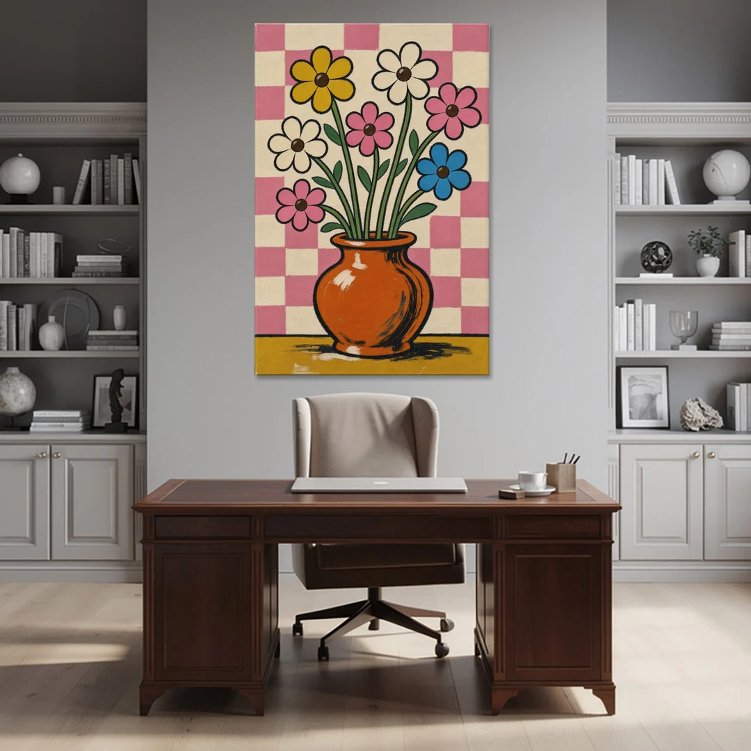 Eclectic Checkerboard Bouquet in a Clay Vase - Canvas Wall Art - Office - 40x60