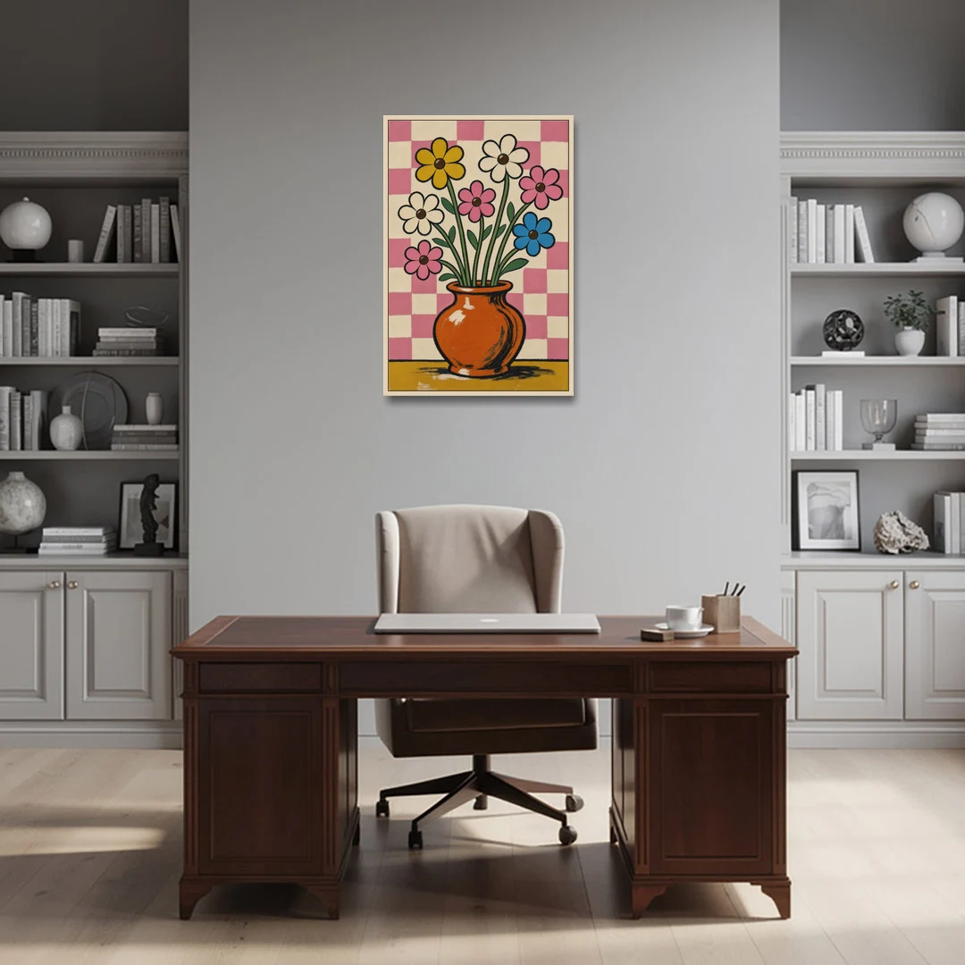 Eclectic Checkerboard Bouquet in a Clay Vase - Oak Framed Canvas Wall Art - Office - 24x36