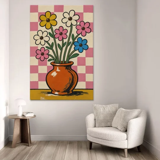 Eclectic Checkerboard Bouquet in a Clay Vase - Canvas Wall Art - Sofa - 40x60