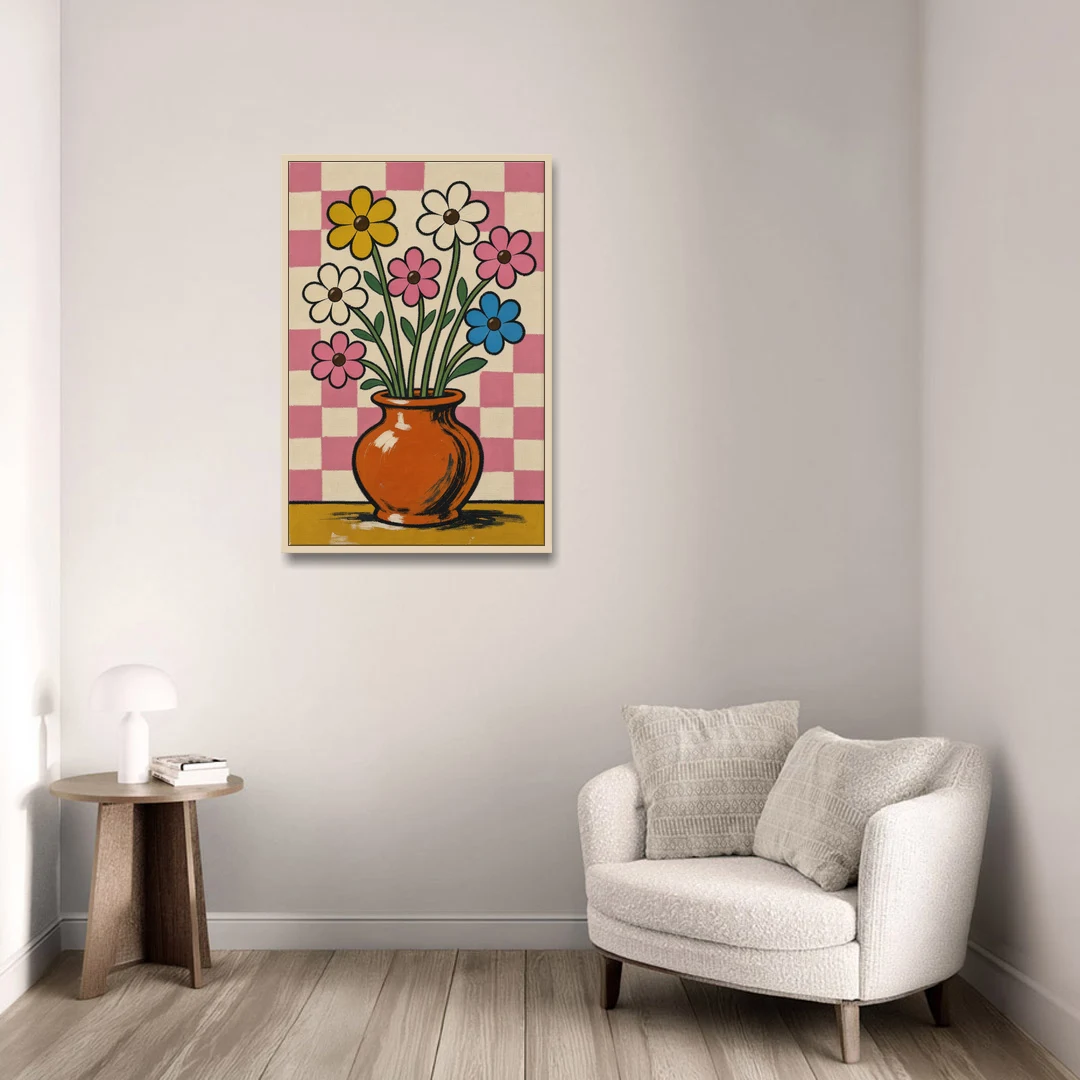 Eclectic Checkerboard Bouquet in a Clay Vase - Oak Framed Canvas Wall Art - Sofa - 24x36