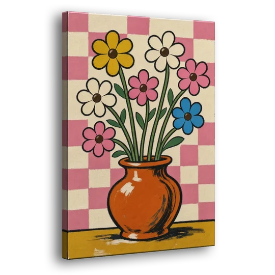 Eclectic Checkerboard Bouquet in a Clay Vase - Canvas Wall Art - Side