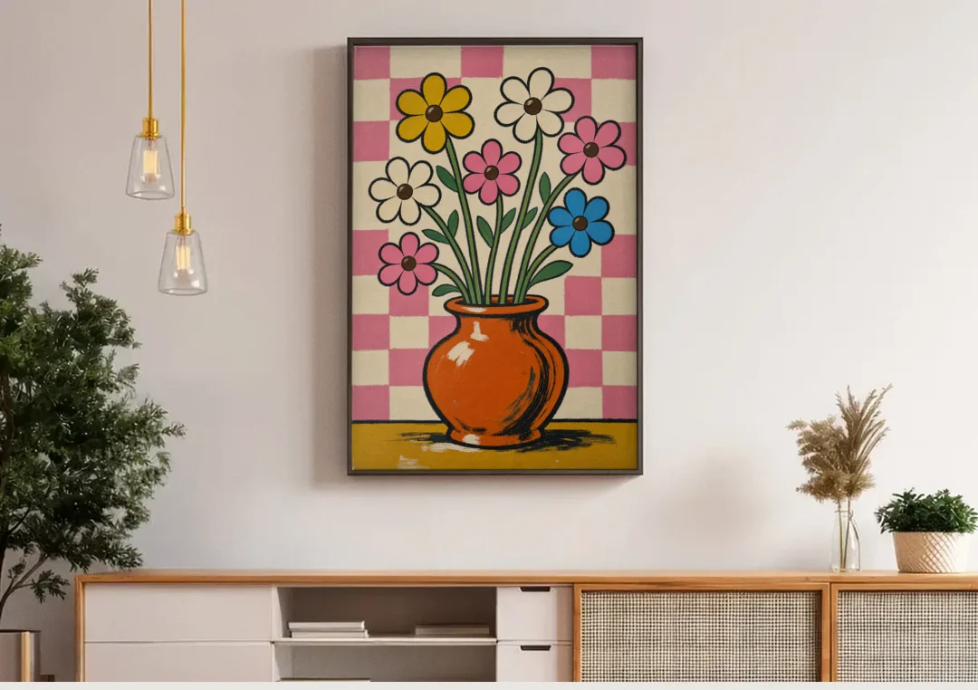 Eclectic Checkerboard Bouquet in a Clay Vase canvas wall art above a wooden sideboard under pendant lights