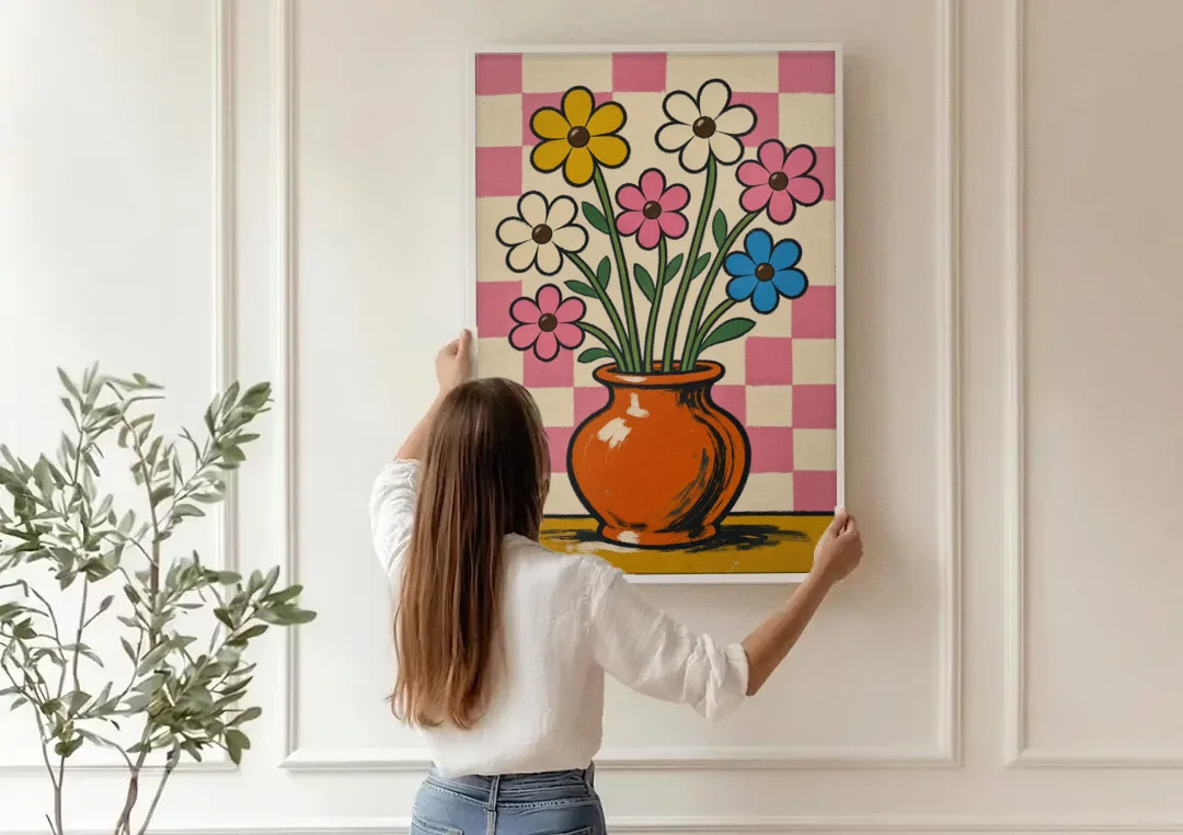Eclectic Checkerboard Bouquet in a Clay Vase canvas wall art being hung on a paneled wall