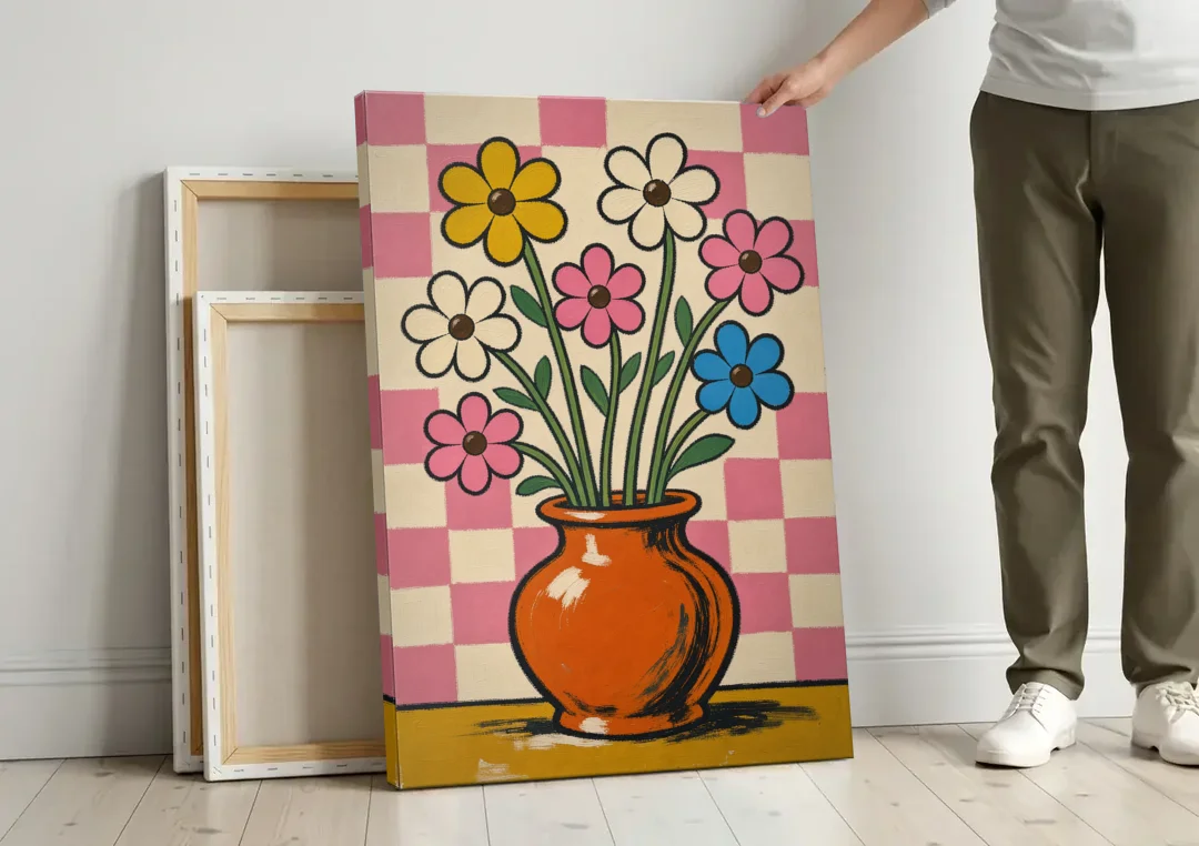 Eclectic Checkerboard Bouquet in a Clay Vase canvas wall art leaning against a wall next to blank canvases