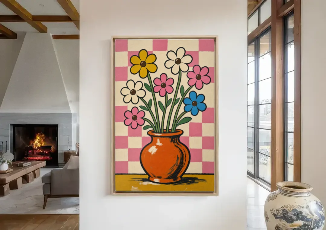 Eclectic Checkerboard Bouquet in a Clay Vase canvas wall art in a living room with a fireplace