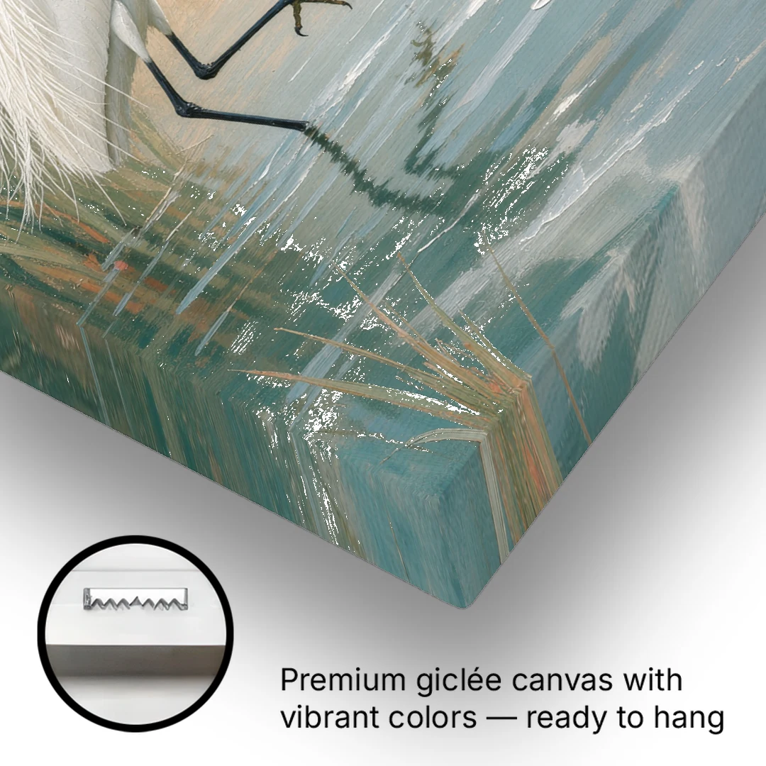 Egret Painting Wading Through Marsh Reeds - Canvas Wall Art - Gallery Wrap Corner