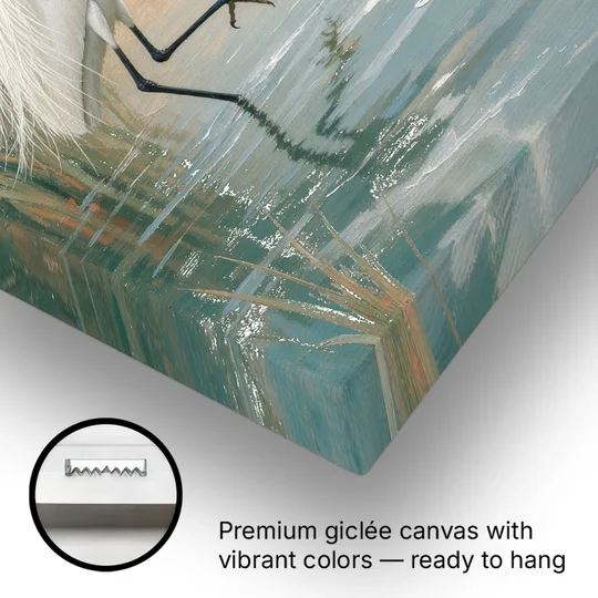 Egret Painting Wading Through Marsh Reeds - Canvas Wall Art - Gallery Wrap Corner