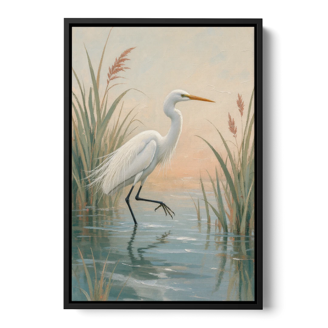 Egret Painting Wading Through Marsh Reeds - Black Framed Canvas Wall Art - Front